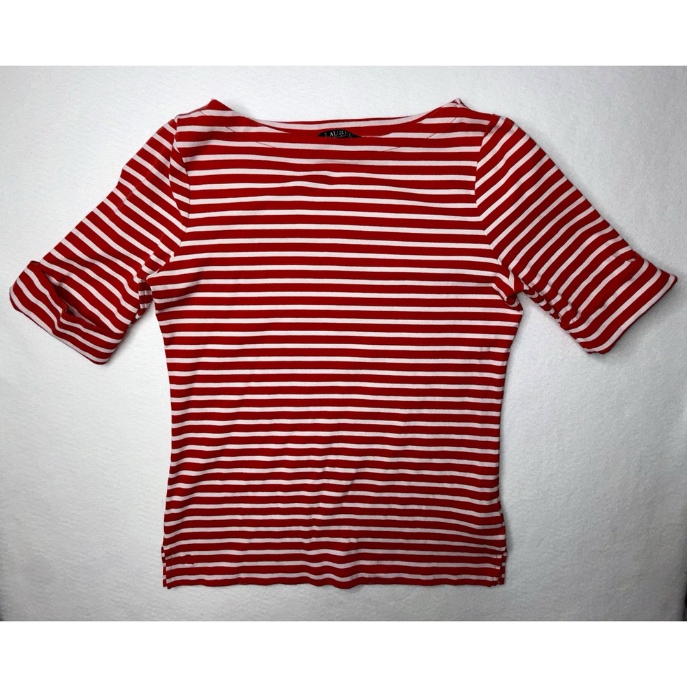 Lauren Ralph Lauren Top Women Sz L Red White Striped Boatneck Nautical Beachy